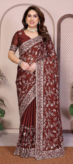 Red and Maroon color Saree in Art Silk fabric with Embroidered, Thread work