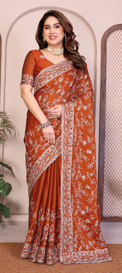 Beige and Brown color Saree in Art Silk fabric with Embroidered, Thread work