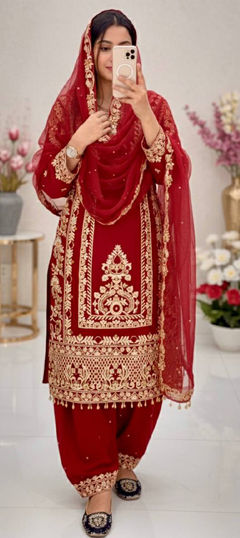 Red and Maroon color Salwar Kameez in Faux Georgette fabric with Embroidered, Thread, Zari work