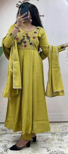 Yellow color Salwar Kameez in Roman Silk fabric with Embroidered, Sequence, Thread work