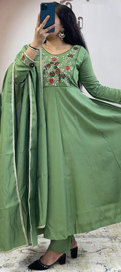 Green color Salwar Kameez in Roman Silk fabric with Embroidered, Sequence, Thread work