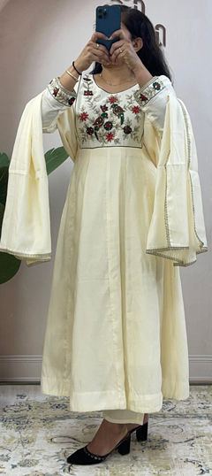 White and Off White color Salwar Kameez in Roman Silk fabric with Embroidered, Sequence, Thread work
