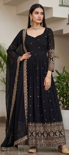 Black and Grey color Gown in Silk fabric with Embroidered, Sequence, Zari work