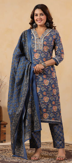 Blue color Salwar Kameez in Cotton fabric with Embroidered, Floral, Printed work