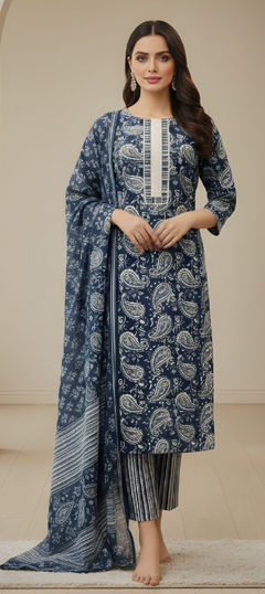 Blue color Salwar Kameez in Cotton fabric with Embroidered, Printed work