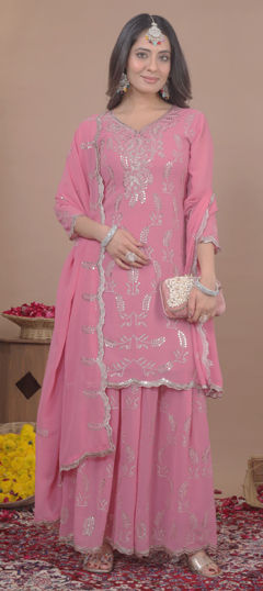 Pink and Majenta color Salwar Kameez in Faux Georgette fabric with Embroidered, Sequence work