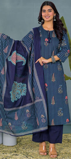 Blue color Salwar Kameez in Cotton fabric with Floral, Printed, Sequence work