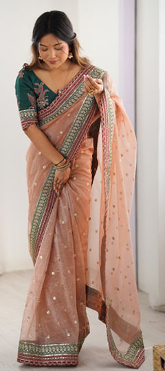 Pink and Majenta color Saree in Crushed Silk fabric with Embroidered, Sequence, Thread work