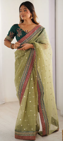 Green color Saree in Crushed Silk fabric with Embroidered, Sequence, Thread work