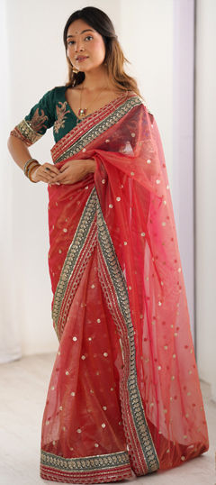 Red and Maroon color Saree in Crushed Silk fabric with Embroidered, Sequence, Thread work