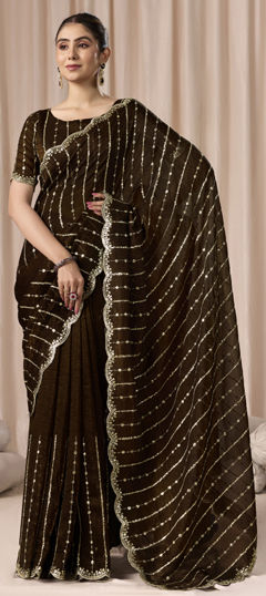Black and Grey color Saree in Crushed Silk fabric with Embroidered, Sequence, Thread, Zari work
