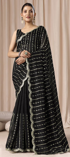 Beige and Brown color Saree in Crushed Silk fabric with Embroidered, Sequence, Thread, Zari work