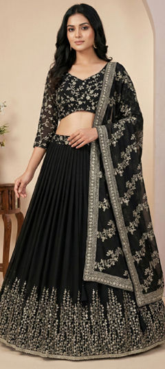 Black and Grey color Ready to Wear Lehenga in Faux Georgette fabric with Embroidered, Sequence, Thread work