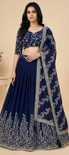 Blue color Ready to Wear Lehenga in Faux Georgette fabric with Embroidered, Sequence, Thread work