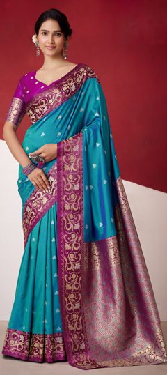 Blue color Saree in Satin Silk fabric with Weaving work
