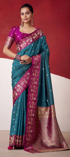 Blue color Saree in Satin Silk fabric with Weaving work