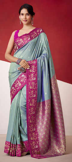 Black and Grey color Saree in Satin Silk fabric with Weaving work