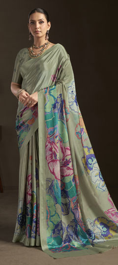 Green color Readymade Saree in Crepe Silk fabric with Digital Print work