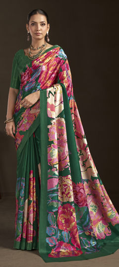 Green color Readymade Saree in Crepe Silk fabric with Digital Print work