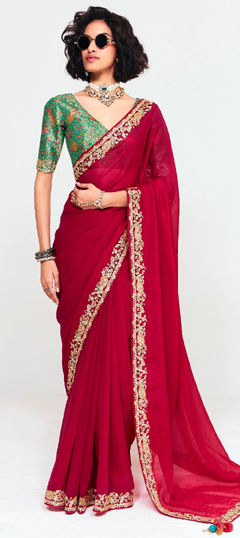 Red and Maroon color Saree in Tissue fabric with Embroidered, Sequence, Thread, Zari work