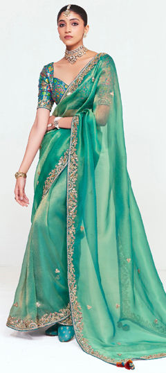 Green color Saree in Tissue fabric with Embroidered, Sequence, Thread, Zari work