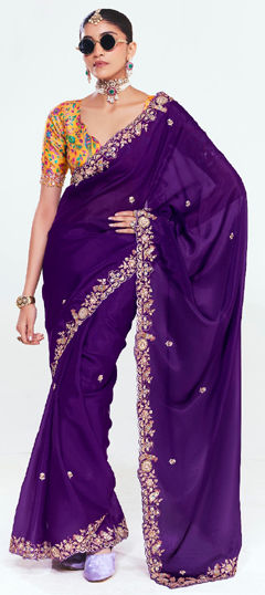 Purple and Violet color Saree in Tissue fabric with Embroidered, Sequence, Thread, Zari work