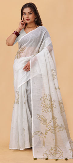 White and Off White color Saree in Linen fabric with Digital Print, Floral work