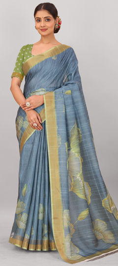 Blue color Saree in Silk fabric with Digital Print, Floral work