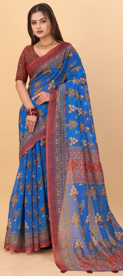 Blue color Saree in Linen fabric with Digital Print, Floral work
