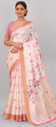 Pink and Majenta color Saree in Silk fabric with Floral, Printed work