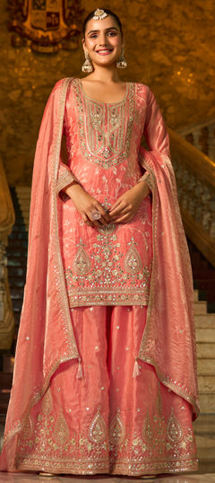 Pink and Majenta color Salwar Kameez in Tissue fabric with Embroidered, Mirror, Sequence work