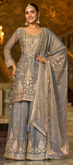 Black and Grey color Salwar Kameez in Tissue fabric with Embroidered, Mirror, Sequence work