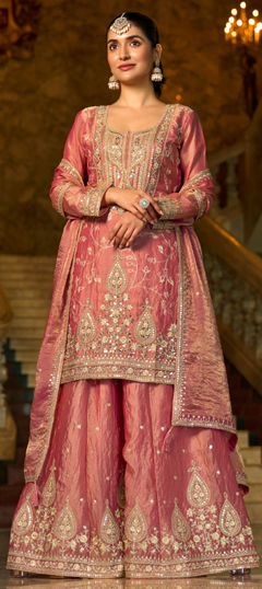 Pink and Majenta color Salwar Kameez in Tissue fabric with Embroidered, Mirror, Sequence work