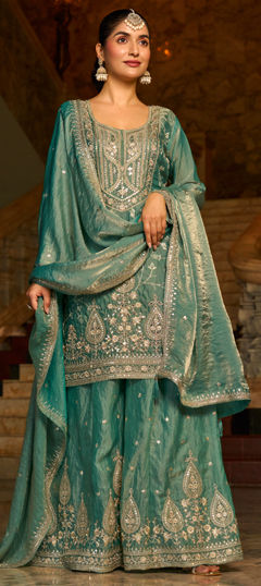 Green color Salwar Kameez in Tissue fabric with Embroidered, Mirror, Sequence work