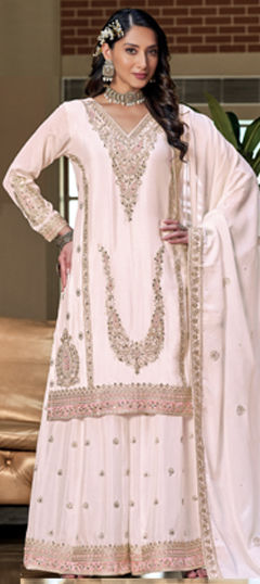White and Off White color Salwar Kameez in Chinon Silk fabric with Embroidered, Sequence, Stone work
