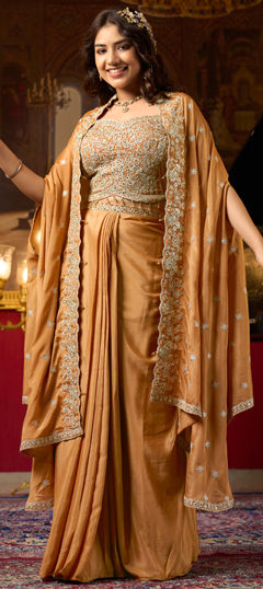 Beige and Brown color Long Lehenga Choli in Chinon Silk fabric with Embroidered, Mirror, Thread work
