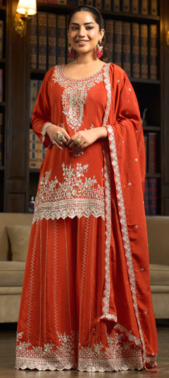 Orange color Salwar Kameez in Chinon Silk fabric with Embroidered, Mirror, Sequence, Stone work