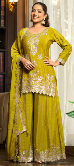 Green color Salwar Kameez in Chinon Silk fabric with Embroidered, Mirror, Sequence, Stone work