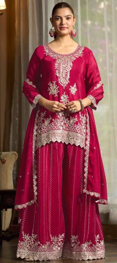 Pink and Majenta color Salwar Kameez in Chinon Silk fabric with Embroidered, Mirror, Sequence, Stone work