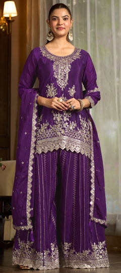 Purple and Violet color Salwar Kameez in Chinon Silk fabric with Embroidered, Mirror, Sequence, Stone work