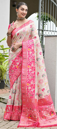 White and Off White color Saree in Banarasi Silk fabric with Weaving, Zari work
