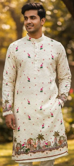White and Off White color Kurta in Cotton fabric with Digital Print, Sequence work