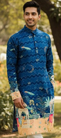 Blue color Kurta in Cotton fabric with Digital Print, Sequence work