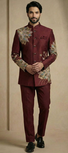 Red and Maroon color Jodhpuri Suit in Satin Silk fabric with Embroidered work