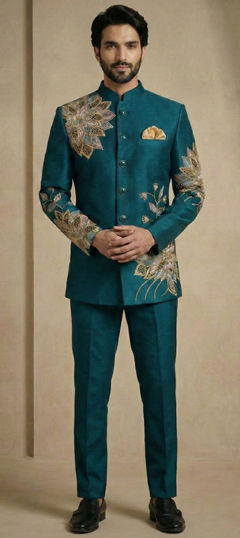 Blue color Jodhpuri Suit in Satin Silk fabric with Embroidered work