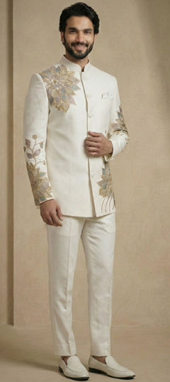 White and Off White color Jodhpuri Suit in Satin Silk fabric with Embroidered work