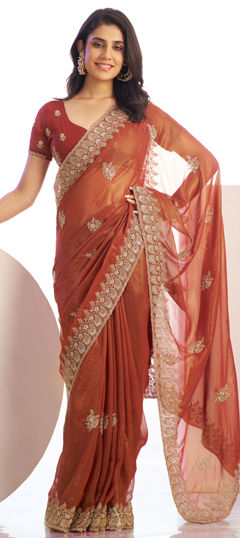 Pink and Majenta color Saree in Tissue fabric with Embroidered, Thread work