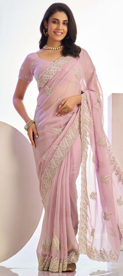 Pink and Majenta color Saree in Tissue fabric with Embroidered, Thread work