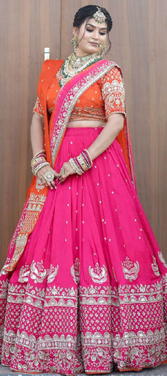 Pink and Majenta color Lehenga in Faux Georgette fabric with Embroidered, Sequence, Thread work