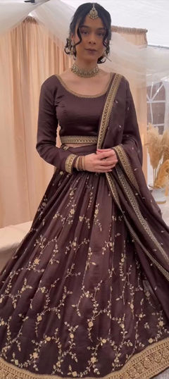 Beige and Brown color Lehenga in Chinon Silk fabric with Border, Embroidered, Sequence, Thread work